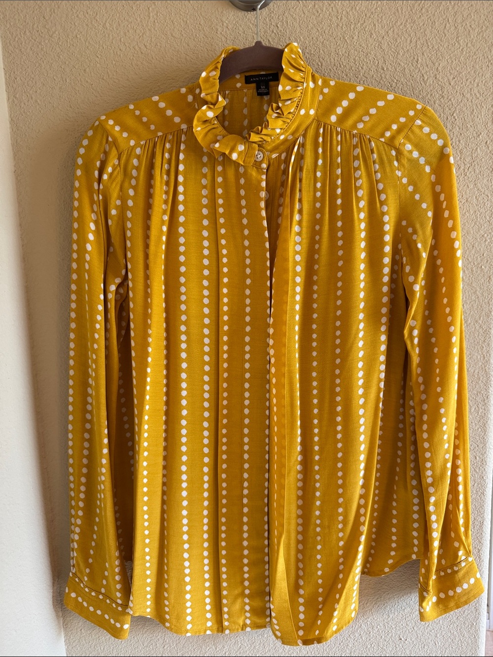 Ann Taylor Mustard Yellow Polka Dot Ruffle-Neck Blouse